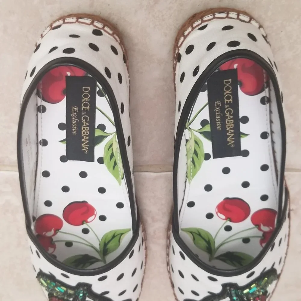 RARE EXCLUSIVE DOLCE & GABBANA CHERRY POLKA DOT EMBELLISHED ESPADRILLES FLATS